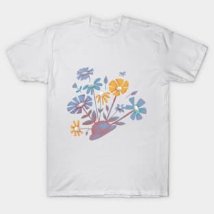 Blue Bowler Hat & Flower Blooms T-Shirt